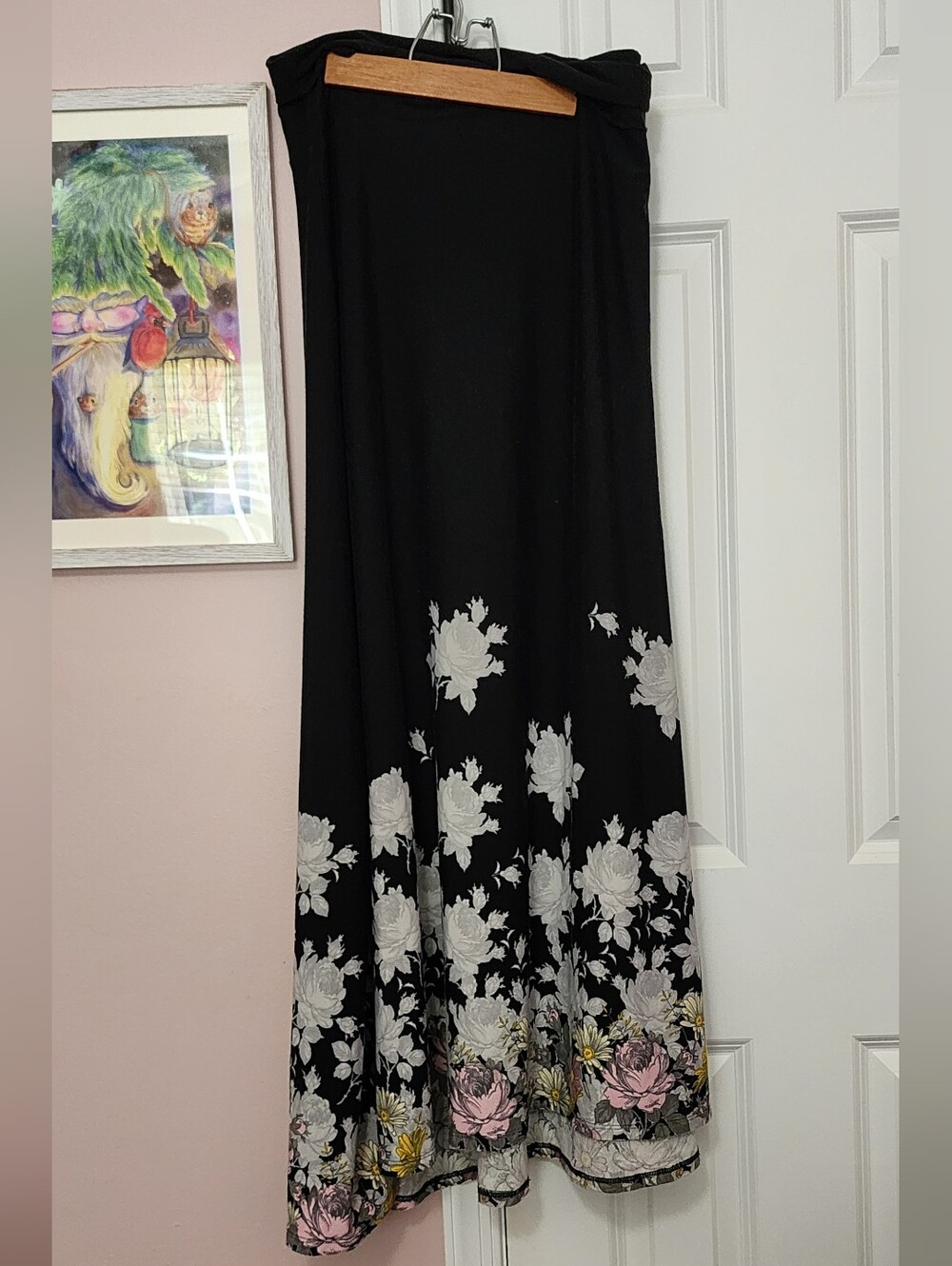 LuLaRoe Black Maxi Skirt with Pink and Gold Floral Border
